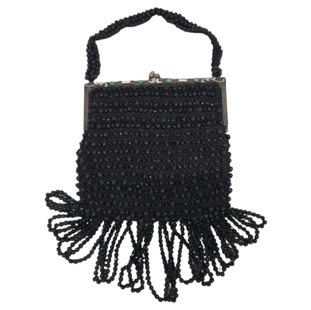 Antique Vintage 1920's Art Deco‎ Beaded Black Flapper Handbag Purse Bag